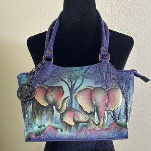 Purple Anuschka Elephant hand bag purse. Hand painted leather.